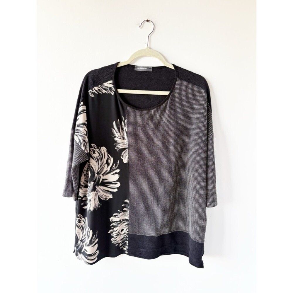 Alembika Mixed Media Floral Grid Top Black Grey Lagenlook Artsy Asymmetric M